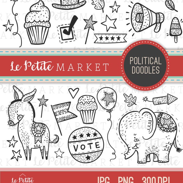 Cute Politics Clip Art Set, Political Doodle Clip Art, SVG Clipart, Vote Clipart Election Clipart Set Politics Digital Stamp Elephant Donkey