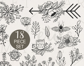 Country Flower Clip Art Set, Wildflower Illustrations, Flowers Digistamp Clipart Hand Drawn Flower ClipArt Vector Flowers Hand Drawn Florals
