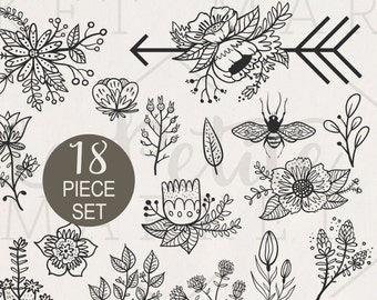 Country Flower Clip Art Set, Wildflower Illustrations, Flowers Digistamp Clipart Hand Drawn Flower ClipArt Vector Flowers Hand Drawn Florals
