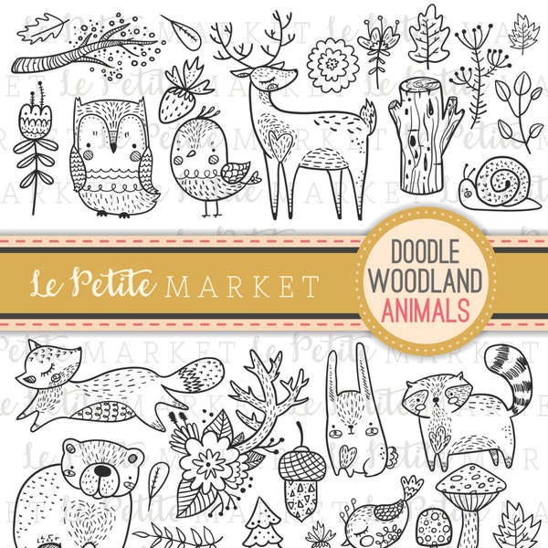Cute Doodle Woodland Creature Clipart, Forest Animal Clipart, Woodland Digital Stamps, Bird Owl Deer Bear Raccoon Fox Clip Art