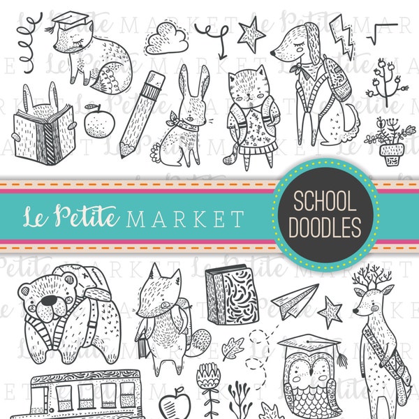 Clipart de animales escolares dibujados a mano, ilustración del bosque (descarga digital)