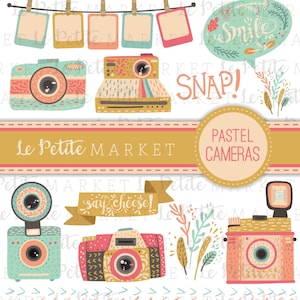 Peut inclure: Un ensemble de six images clipart numériques représentant des appareils photo aux couleurs pastel avec des détails fantaisistes. Les images comprennent un appareil photo vintage, un appareil photo Polaroid, un appareil photo avec un flash, un appareil photo avec un capuchon d'objectif et deux cadres photo vierges. Le texte "Le Petite Market" et "Pastel Cameras" est inclus dans l'image.