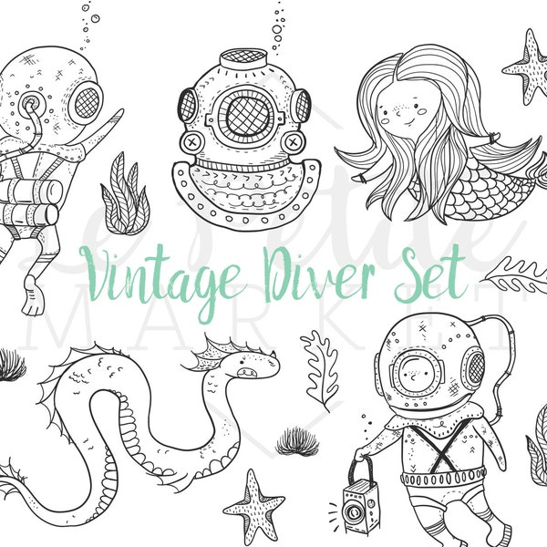 Hand Drawn Cute Vintage Hipster Nautical Diver Clipart, Mermaid Sea Dragon Starfish Underwater Clipart Graphics, Digital Download Printable