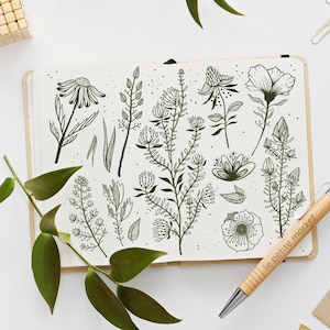 Pu&ograve; includere: Un album da disegno con illustrazioni di vari fiori e piante disegnate a mano. L'album da disegno &egrave; aperto su una pagina con una collezione di motivi floreali. La pagina &egrave; piena di disegni di fiori e foglie realizzati con inchiostro nero. L'album da disegno &egrave; su una superficie bianca con una penna di legno e una pianta verde.