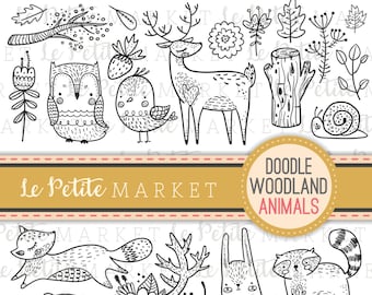 Cute Doodle Woodland Creature Clipart, Forest Animal Clipart, Woodland Digital Stamps, Bird Owl Deer Bear Raccoon Fox Clip Art