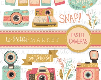 May include: A set of six digital clipart images featuring pastel-colored cameras with whimsical details. The images include a vintage camera, a Polaroid camera, a camera with a flash, a camera with a lens cap, and two blank photo frames. The text "Le Petite Market" and "Pastel Cameras" are included in the image.