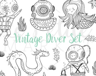 Dessiné à la main mignon Hipster Vintage Diver nautique Clipart, mer de la sirène Dragon étoile de mer sous-marin Clipart Graphics, numérique Télécharger imprimable