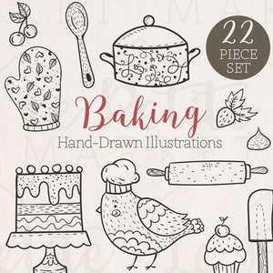 Cute Hand Drawn Baking Clip Art, Kitchen Clipart, Cooking Clipart, Bird Clipart, Baking Illustration, Cupcake Digistamp, Hand Drawn Clipart