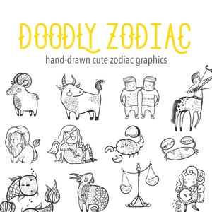Doodly Hand Drawn Cute Zodiac Clipart, Pisces Aries Leo Gemini Aquarius Virgo Scorpio Taurus, Digital download Vector Clipart Clip Art