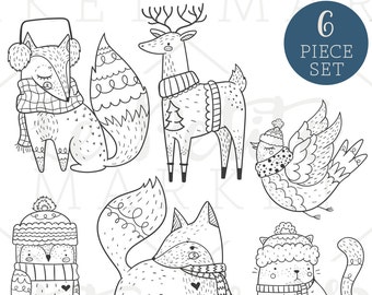 Cute Hand Drawn Holiday Clip Art, Cute Woodland Creatures Bundled Up for Winter, Holiday Digital Stamps, Woodland Animal Illustration Set