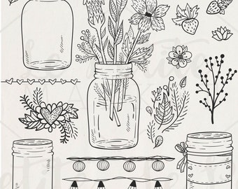 Mason Jar Clipart, Mason Jar Wedding Clipart, Mason Jar with Flowers, Hand Drawn Mason Jars, Mason Jar Illustration Set, Mason Jar Digistamp