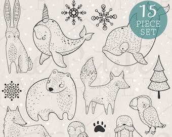 Hand Drawn Arctic Animal Clip Art Set, Arctic Animals Illustration Set, Arctic Clipart, Narwhal Clipart, Fox Clipart, Commercial Use, Vector
