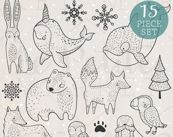 Hand Drawn Arctic Animal Clip Art Set, Arctic Animals Illustration Set, Arctic Clipart, Narwhal Clipart, Fox Clipart, Commercial Use, Vector