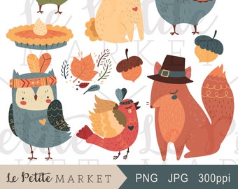 Thanksgiving Clip Art Set, Thanksgiving Clipart Set, Thanksgiving Woodland Animals Clipart, Cute Thanksgiving Clipart with Turkey Fox Owl