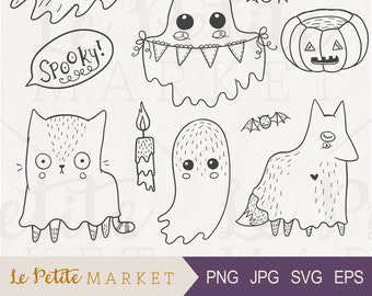 Hand Drawn Ghost Clip Art Set, Halloween Digital Stamps (png, jpg, svg, eps)