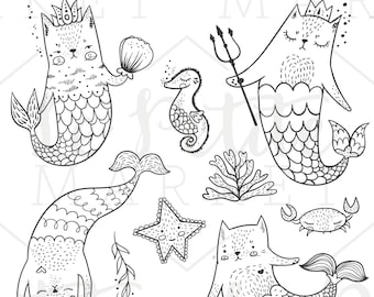 Clipart de gato sereia desenhado à mão, clipart de sereia, ilustrações de sereia de gato, peixe-gato MerCats, clipart náutico fofo, clipart de gato desenhado à mão