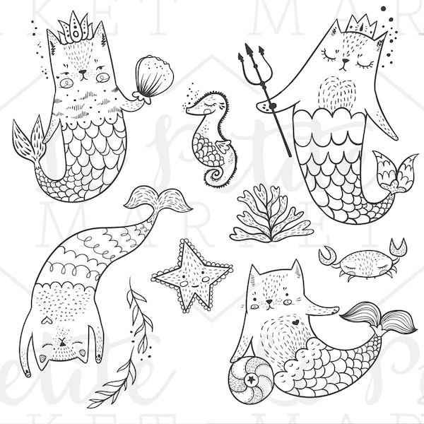 Hand Drawn Mermaid Cat Clipart, Mermaid Clip Art, Cat Mermaid Illustrations, MerCats CatFish, Cute Nautical Clip Art, Hand Drawn Cat Clipart