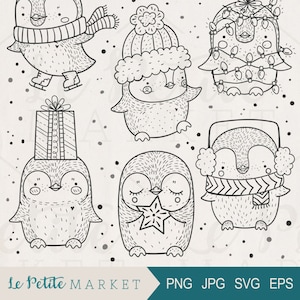 Imágenes prediseñadas de pingüinos, Dibujos de pingüinos lindos, Descarga instantánea de sellos digitales, Imágenes prediseñadas para colorear, Animales de invierno de Navidad, PNG ártico