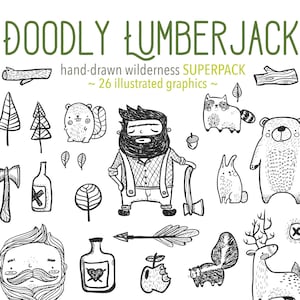 Può includere: Una collezione di illustrazioni in bianco e nero disegnate a mano con tema boscaiolo. L'immagine include un boscaiolo, animali, alberi, asce e bottiglie. Il testo in alto recita "DOODLY LUMBERJACK" e "SUPERPACK".