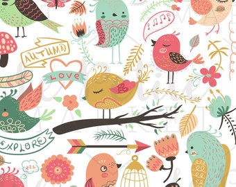 Cute Bird Clipart, Colorful Pretty Pastel Bird Clipart, Digital Bird Illustrations, Instant Download, Birds and Flowers in Pastels