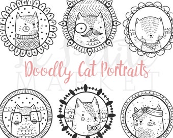 Hand Drawn Cute Doodle Cat Clipart Illustration, Printable Coloring Sticker, Digital Download Illustrated, Kitten Hipster Cat Clip Art