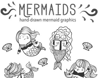 Hand Drawn Cute Mermaid Clip Art, Illustrated Mermaid Clipart, Digital Download, Printable DIY Coloring Sheet, Mermaid Reading Clipart