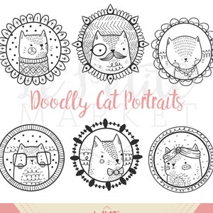 Hand Drawn Cute Doodle Cat Clipart Illustration, Printable Coloring Sticker, Digital Download Illustrated, Kitten Hipster Cat Clip Art