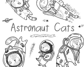 Cute Astronaut Cat Clipart Images, Cute Cat Astronaut Clip Art Set, Hand Drawn Cat Clipart, Cat Doodles Clipart, Cat Digital Stamps