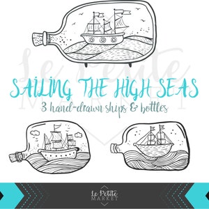 Cute Hand Drawn Digital Ships in Bottles Clip Art, Sailing the High Seas Ocean Doodle Clipart, Instant Download Coloring Stickers Printable