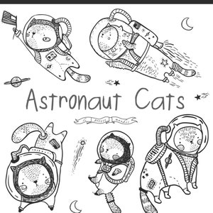 Hand Drawn Cute Astronaut Cat Clipart, Space Clip Art, Kitten Clipart, Illustrated Digital Clipart for Instant Download, Cute Kawaii Science image 1