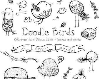 Images Clipart DOODLY oiseau, oiseau dessins, Doodle oiseau Clip Art ensemble, timbres numériques oiseau, dessiné à la main oiseaux, usage Commercial