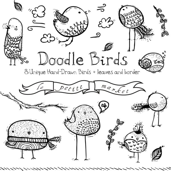 Doodly Bird Clipart Images, Cute Bird Drawings, Doodle Bird Clip Art Set, Bird Digital Stamps, Hand Drawn Birds, Commercial Use