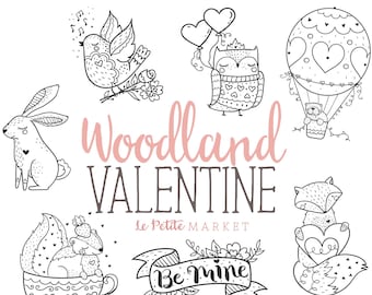 Woodland Valentine Clipart Set, Valentine Skunk, Valentine Fox, Valentine Owl Clip Art, Valentine Graphics Digital Stamps Planner Graphics