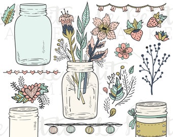 Mason Jar Clipart, Mason Jar Wedding Clipart, Wedding Clip Art Illustrations, Floral Clip Art, Stationery Graphics, Country Chic Clip Art