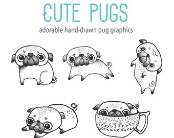 Hand Drawn Cute Digital Pug Clipart Illustration, Printable Coloring Sticker Set, DIY, Adorable Pug Dog Illustrated ClipArt, Pug in teacup