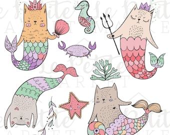 Mermaid Cats Clip Art Set, Mer-cats Clip Art, Mermaid Illustrations, Mermaid ClipArt, Cat Clip Art, Commercial Use Instant Download