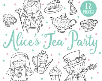 Alice in Wonderland Clip Art Set, Mad Hatter, Tea Cups Cupcakes Princess, Premium Clipart Digital Stamps, Tea Party Graphics Illustration