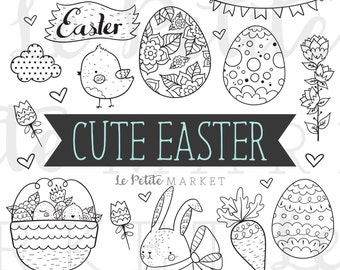 Cute Easter Clip Art Set, Easter Clipart, Easter Illustrations, Easter Bunny, Easter Rabbit, Easter Eggs Clip Art, Digital Stamps Coloring