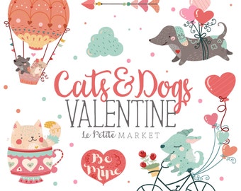 Cute Animal Valentine Clip Art, Cat Valentine Clip Art, Dog Valentine Clip Art, Cute Valentine Clipart Set, Valentine Illustration