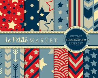 Stars and Stripes Digital Paper Pack, Patriotic Scrapbook Patterns (JPG)