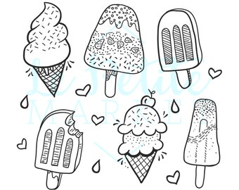 Doodle Hand Drawn Ice-cream and Popsicle Clip Art, Dessert Clipart, Icrecream Cone Illustration Clipart, PNG Popsicle, DIY Coloring