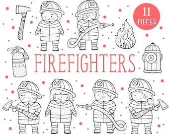 Cute Firefighter Clip Art Illustration Set, Cute Firetruck Girl Firefighters Clipart, Clip Art for Girls, for Boys, Premium Clipart Graphics