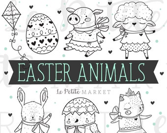 Easter Clip Art, Easter Animals Clip Art, Spring Animals Clip Art, Pig Lamb Sheep Bunny Rabbit Chick Cat Easter Egg Clipart, Digital Stamps