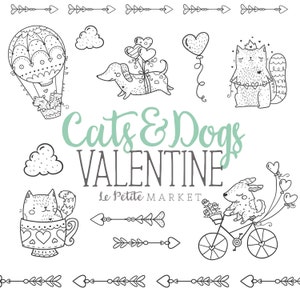 Cute Cat Dog Valentine Clip Art Set, Cat Valentine Clip Art, Dog Valentine Clip Art, Cat Dog Clipart Graphics Daschund Kitten Bicycle Hearts