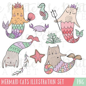 Mermaid Cats Clip Art Set, Mer-cats Clip Art, Mermaid Illustrations, Mermaid ClipArt, Cat Clip Art, Commercial Use Instant Download