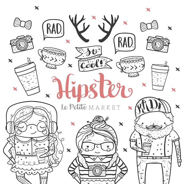 Ładna ręcznie rysowane Hipster clipart, ilustracje Hipster i Hipster dzieci clipart, Ładna Hipster clipartów Doodles Hipster Hipster cyfrowy znaczki