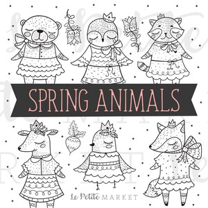 May include: Black and white illustration of six spring animals, including a bear, owl, raccoon, goat, bird, and fox, each wearing a crown and dress. The words "SPRING ANIMALS" are displayed on a banner. The image is decorated with small black dots.
