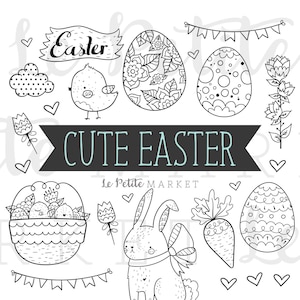 Cute Easter Clip Art Set, Easter Clipart, Easter Illustrations, Easter Bunny, Easter Rabbit, Easter Eggs Clip Art, Digital Stamps Coloring