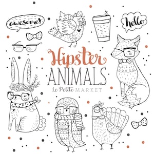 Woodland Hipster Animal Clipart, Hipster Clip Art, Hand Drawn Clip Art,Hipster Fox Owl Bunny Rabbit Digital Stamps, Commercial Use Clipart