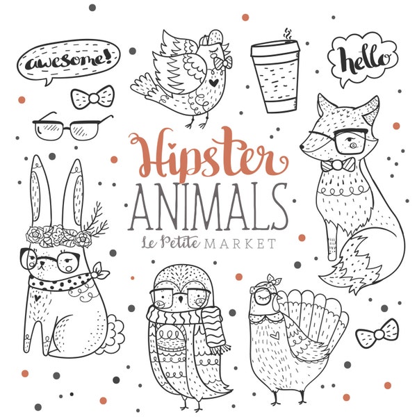 Woodland Hipster Animal Clipart, Hipster Clip Art, Hand Drawn Clip Art,Hipster Fox Owl Bunny Rabbit Digital Stamps, Commercial Use Clipart